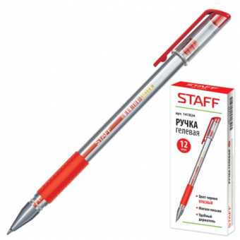 Ручка гелевая STAFF эконом, корпус прозрачный, резиновый держатель, 141824, красная