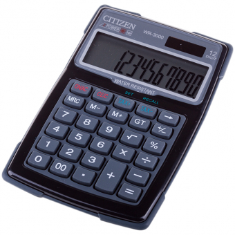 Калькулятор Citizen WR-3000, водонепроницаемый, 12 разрядов, двойное питание, 106*152*38мм, серый, 158170