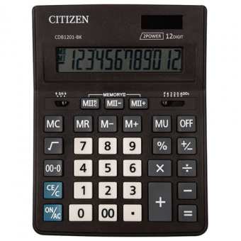 Калькулятор Citizen Business Line CDB1201-BK, 12 разр., двойное питание, 157*200*35мм, черный, 259748/250434/480259