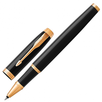 Ручка-роллер PARKER "IM Core Black Lacquer GT", корпус черный глянцевый лак, позолоченные детали, черная, 142532