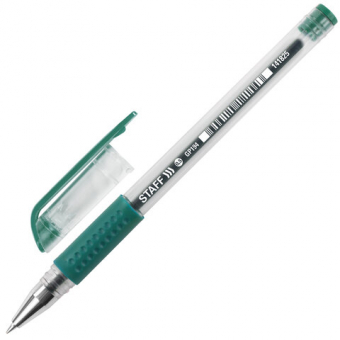Ручка гелевая с грипом STAFF, ЗЕЛЕНАЯ, корпус прозрачный, узел 0,5 мм, линия письма 0,35 мм, 141825
