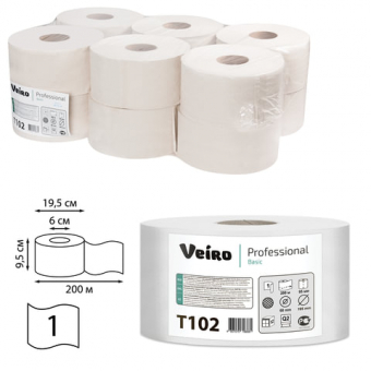 Бумага туалетная Veiro Professional "Basic"(Q2, Т2) 1 слойн., 200м/рул, тиснение, цвет натуральный Т102, 220139/127083
