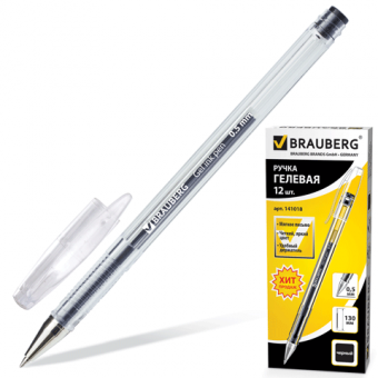 Ручка гелевая, корпус прозрачный, толщина письма 0,5 мм, черная BRAUBERG, подходит для ЕГЭ, SGP002b 141018