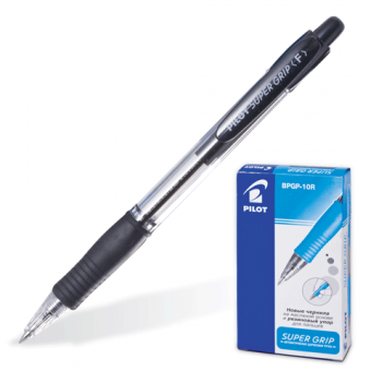 Ручка шариковая автоматическая черная с резиновым упором, толщина письма 0,32 мм, чернила на масляной основе PILOT"SUPER GRIP" BPGP-10R-F (140241)