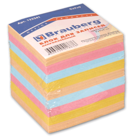 Блок для записи 90*90*90 цветной несклеенный, Brauberg, 122341