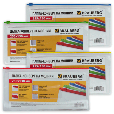 Папка-конверт на молнии 255*130 мм, прозрачная, карман для визитки BRAUBERG "Smart" 221858