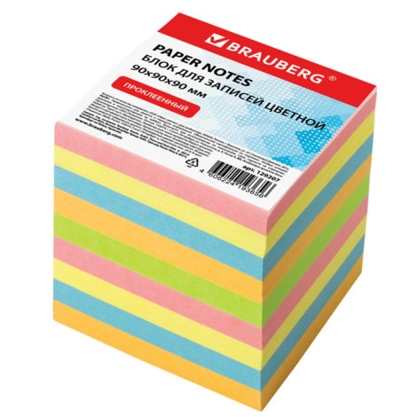 Блок для записей BRAUBERG проклеенный, куб 9х9х9 см, цветной, 129207