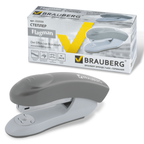 Степлер BRAUBERG "Einkommen", №24/6, до 25 л, пластиковый корпус, металлический механизм, серый, 222535