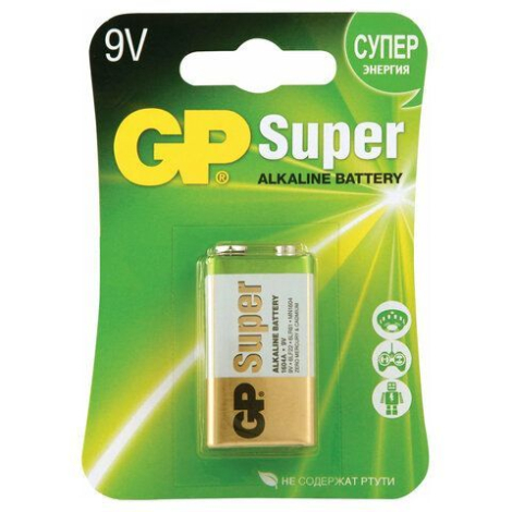 Батарейка GP Super, Крона (6LR61, 6LF22, 1604A), алкалиновая, 1 шт., в пленке, 1604A-5S1, 456686