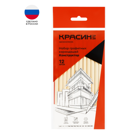 Набор карандашей ч/г Красин "Конструктор" 12шт., 2Т (2Н), Т (Н)-2, ТМ (НВ)-4, М (В)-3, 2М (2В)-2, шестигран., заточен., ПП пакет, европодвес, С-350, 346233