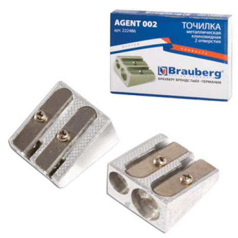Точилка металлическая клиновидная, 2 отверстия BRAUBERG "Agent 002", 222486