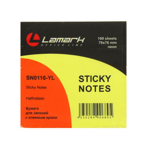 Блок самоклеющийся 76*76 мм 100 листов неоново-желтый LAMARK SNO116-YL