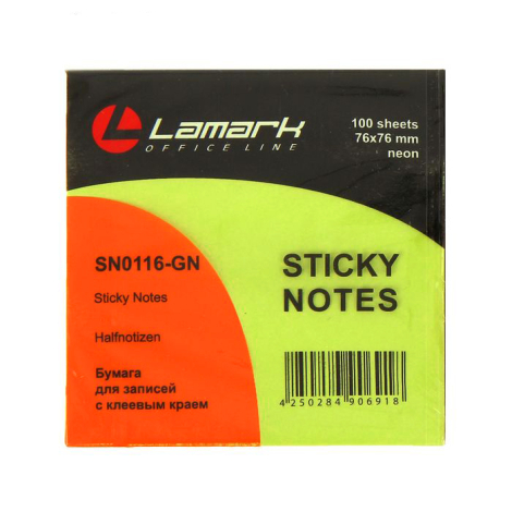 Блок самоклеющийся 76*76 мм 100 листов неоново-зеленый LAMARK SNO116-GN