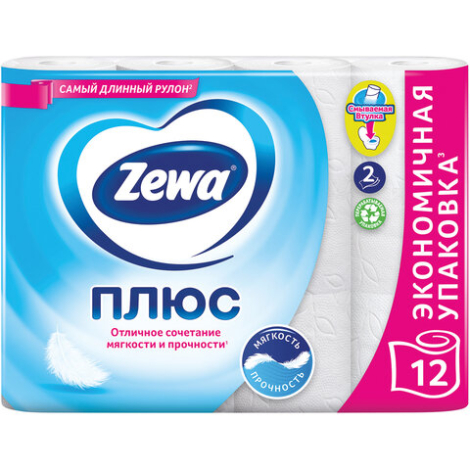 Бумага туалетная ZEWA Plus, 2-слойная, спайка 12 штук*23 м, белая  (124051)