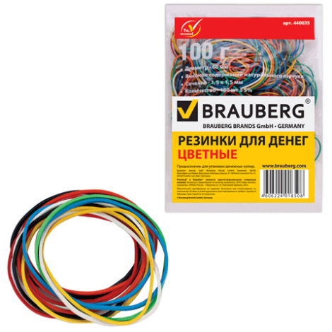 Резинки для денег BRAUBERG (натур. каучук!) цветные, 100 г, 180шт. &plusmn; 5%, 440036