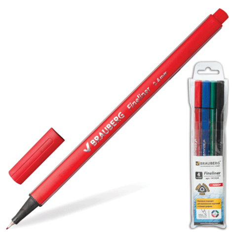 Линеры 4шт., "Art" супертонкий метал. наконечник 0,4мм, трехгранный корпус, ( красный, черный, зеленный, синий ) 141524