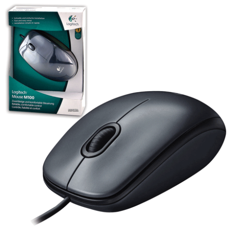Мышь проводная оптическая LOGITECH M100, USB, 3кнопки+ 1колесо-кнопка, черный/серый, (910-001604) 511454