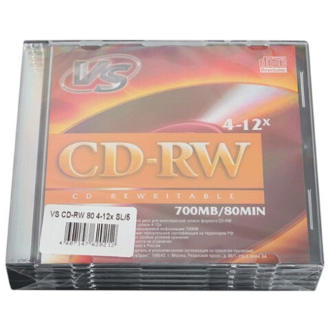 Диск CD-RW VS 700Mb 4-12x 5шт. Slim 166392/511545