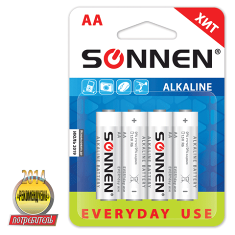 Батарейки SONNEN, AA (LR6), КОМПЛЕКТ 4шт., "Everyday use", АЛКАЛИН, в блистере, 1.5В, 451085