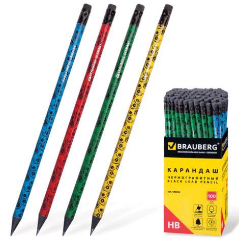 Карандаш чернографитный с ластиком НВ, корпус деревянный, цвет ассорти   BRAUBERG 180634