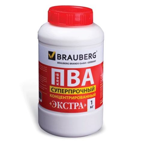 Клей ПВА BRAUBERG 1 кг Экстра Суперпрочный (керамика, ткань, кожа, дерево, бумага, картон), 600984