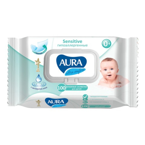 Салфетки влажные для детей AURA "Ultra comfort", 100шт, гипоаллергеннные, без спирта 127500/270362