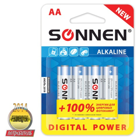 Батарейки SONNEN, AA (LR6), КОМПЛЕКТ 4шт., СУПЕРАЛКАЛИН, в блистере, 1.5В, 451094