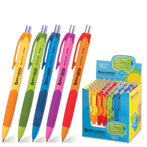 Ручка шариковая BRAUBERG "Juicy" (БРАУБЕРГ "Джуси") автоматичекая, корпус ассорти, толщина письма 0,7 мм, резиновый держ., синяя, 141546