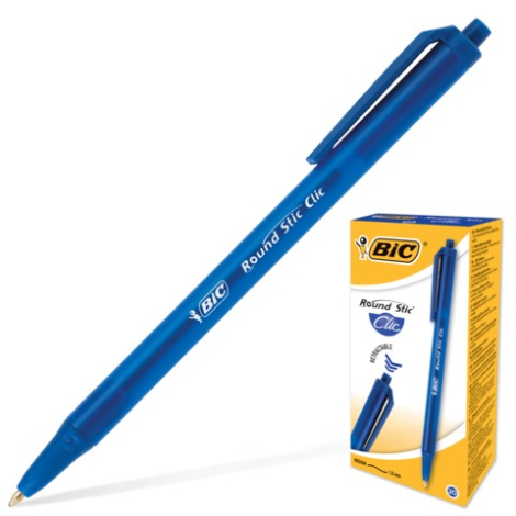 Ручка шариковая BIC автоматическая "Round Stic Clic" (Франция), корпус голубой, толщина письма 0,4 мм, синяя, 926376, 141772