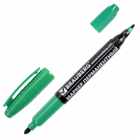 Маркер перманентный (нестираемый) BRAUBERG двусторонний, круглый наконечник 2-4 мм, зеленый, 150839