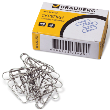 Скрепки 28 мм никелированные 100 штук BRAUBERG 221523
