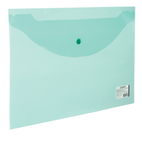 Папка-конверт с кнопкой STAFF, А4, 340х240 мм, прозрачная, зеленая, до 100 листов, 0,12 мм, 225171