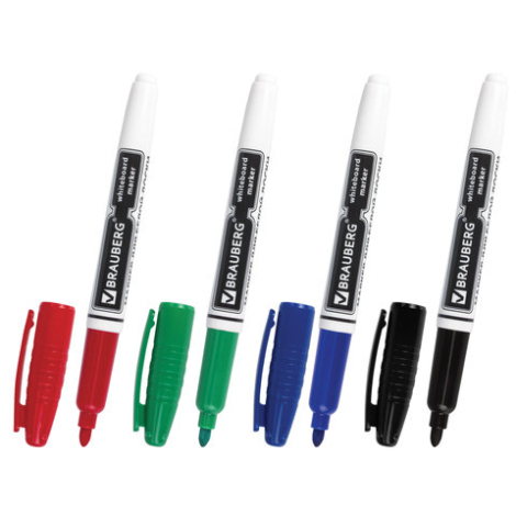 Набор маркеров для доски 4шт круглый наконечник 4 мм, BRAUBERG 150850 (черный, синий, красный, зеленый)