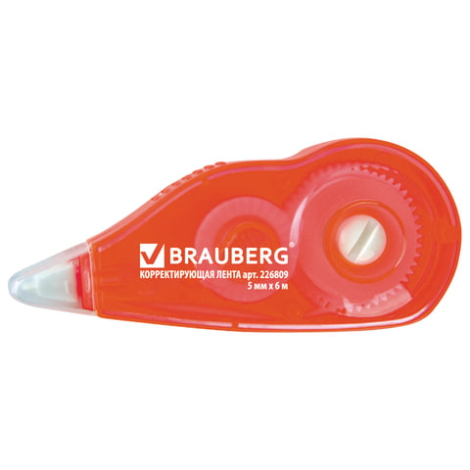 Корректирующая лента BRAUBERG, 5 мм х 6 м, корпус красный, с подкручиванием, блистер 226809