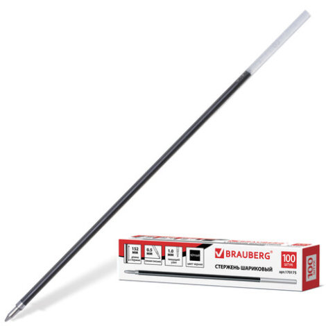 Стержень шариковый BRAUBERG, 152 мм, евронаконечник, узел 1 мм, линия 0,5 мм, черный, 170175