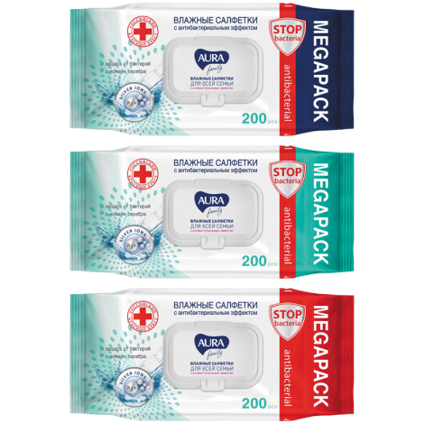 Салфетки влажные Aura "Family", 200шт., для всей семьи, клапан 270364