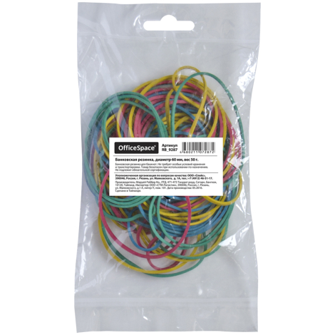 Банковская резинка 50г OfficeSpace, диаметр 60мм, RB_9287 ассорти, европодвес