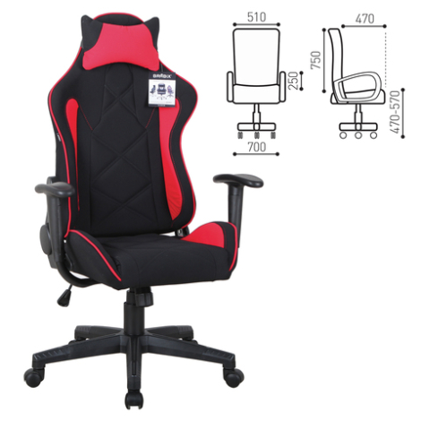 Кресло компьютерное BRABIX "GT Racer GM-101", подушка, ткань, черное/красное 531820