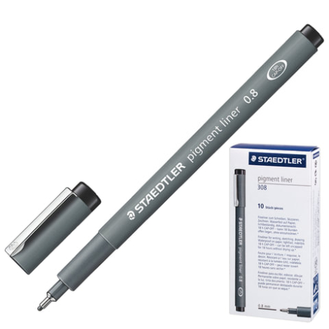 Ручка капиллярная STAEDTLER "Pigment Liner", ЧЕРНАЯ, корпус серый, линия письма 0,8 мм, 308 08-9 142181