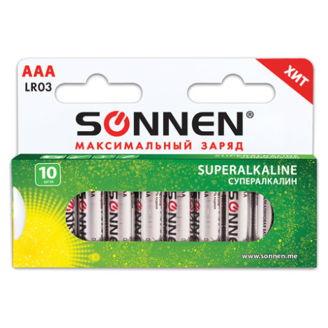 Батарейки SONNEN Super Alkaline, AAA (LR03, 24А), "Everyday" 10шт 454232