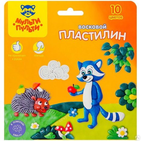 Пластилин Мульти-Пульти "Енот в лесу", 10 цветов, 150г, восковой, со стеком, картон, европодвес 243007
