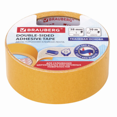 Клейкая двухсторонняя лента (скотч) 38 мм х 10 м, ТКАНЕВАЯ ОСНОВА, BRAUBERG, 606428