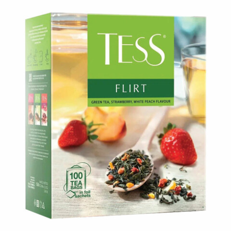 Чай TESS (Тесс) "Flirt", зеленый с клубникой и персиком, 100 пакетиков, 622345/1783302/349657