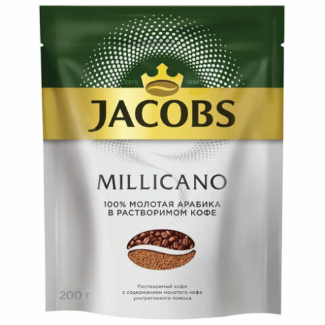 Кофе молотый в растворимом JACOBS "Millicano", сублимированный, 200 г, мягкая упаковка, 8052484, 622203/367980