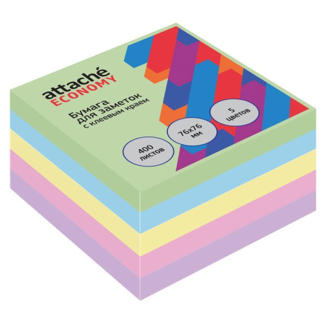 Бумага для заметок с клеевым краем Attache Economy 76х76 мм, 400 л, 5 цветов в асс 1407989