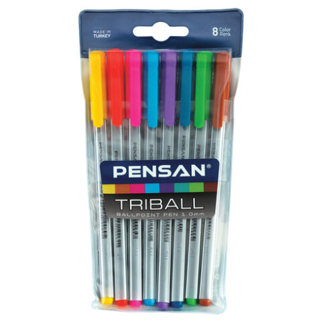 Ручки шариковые масляные PENSAN "Triball Colored", НАБОР 8 шт., АССОРТИ, узел 1 мм, линия письма 0,5 мм, 1003/PVC8 143434