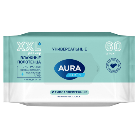 Полотенца влажные Aura "Family", 60шт., для всей семьи, 371864