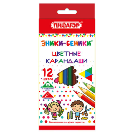 Карандаши цветные ПИФАГОР "ЭНИКИ-БЕНИКИ", 12 цветов, шестигранные, натуральное дерево, 181346