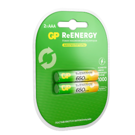 Батарейки аккумуляторные GP ReEnergy Ni-Mh мизинчиковые КОМПЛЕКТ 2 шт., ААА (HR03), 650 mAh, 65AAAHCRGY, 65AAAHCRGY-2CRC, 458466