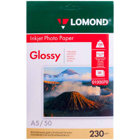 Фотобумага А5 (210*148) для стр. принтеров Lomond, 230г/м2 (50л) глянцевая односторонняя 104558
